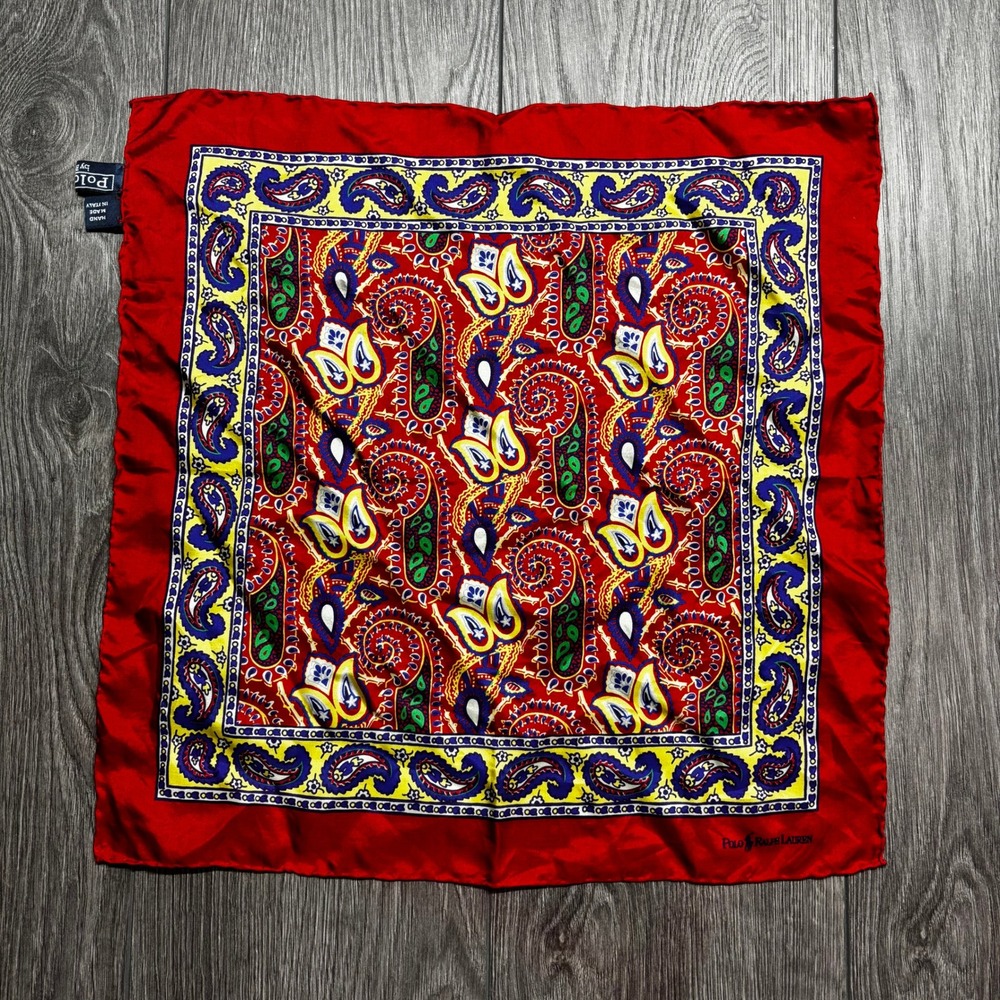 Vintage Polo Ralph Lauren Silk Pocket Square Red Paisley Hand Made in Italy 90s